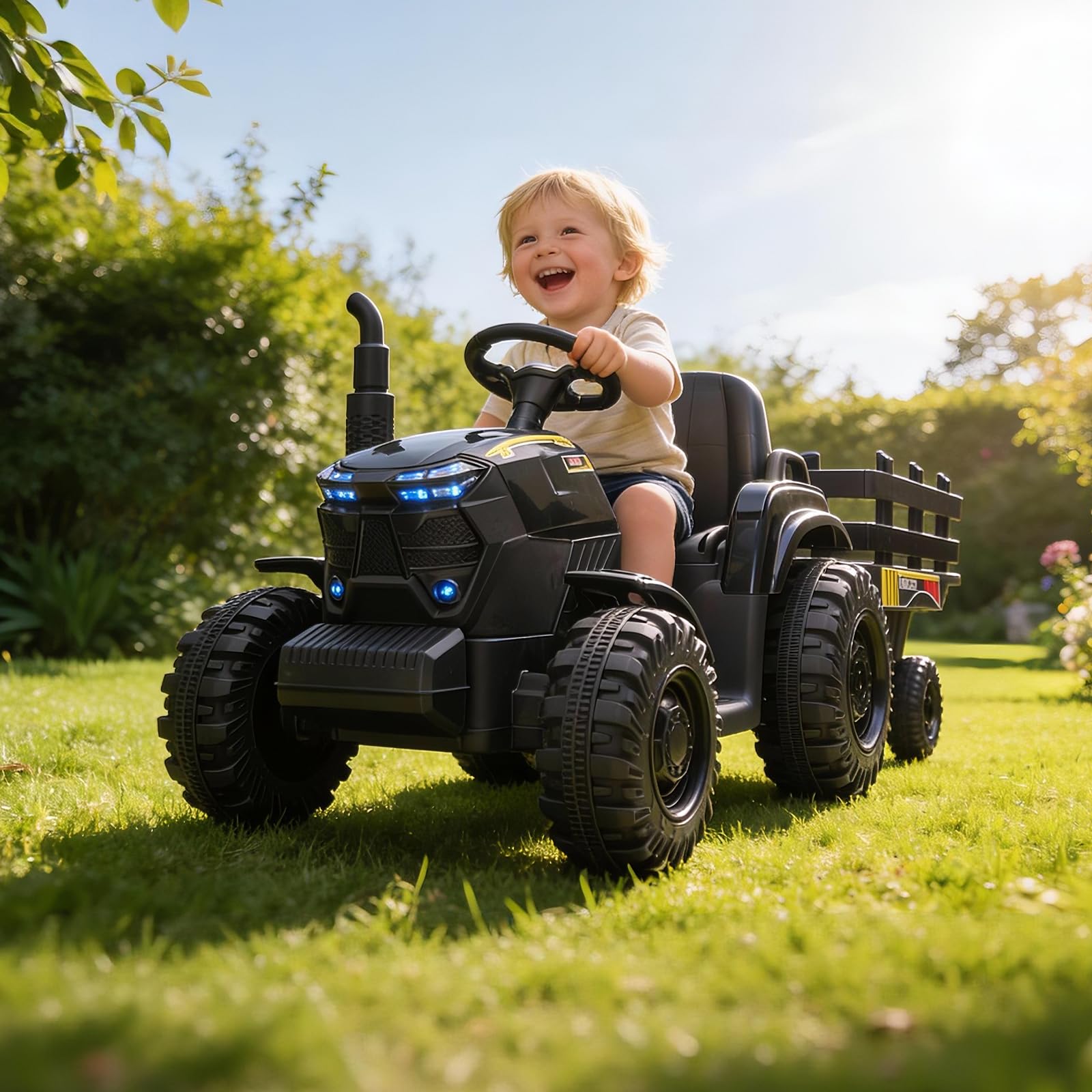 Kids Outdoor Music - Детский электромобиль-трактор 12В с прицепом, двумя